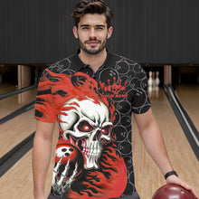 Load image into Gallery viewer, Custom Black And Red Flame Skull Bowling Men Polo Shirts, Skull Halloween Bowling Outfit IPHW8777