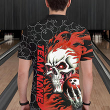 Load image into Gallery viewer, Custom Black And Red Flame Skull Bowling Men Polo Shirts, Skull Halloween Bowling Outfit IPHW8777