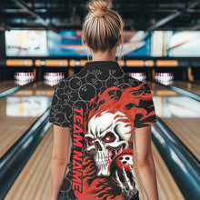 Load image into Gallery viewer, Custom Black And Red Flame Skull Bowling Women Polo Shirts, Skull Halloween Bowling Outfit IPHW8777