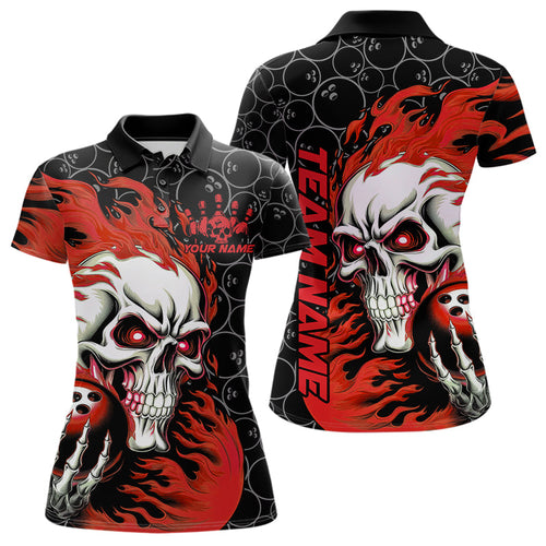 Custom Black And Red Flame Skull Bowling Women Polo Shirts, Skull Halloween Bowling Outfit IPHW8777
