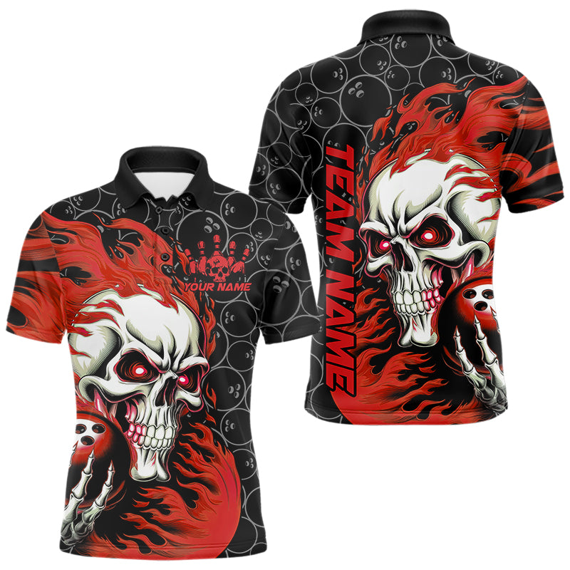 Custom Black And Red Flame Skull Bowling Men Polo Shirts, Skull Halloween Bowling Outfit IPHW8777