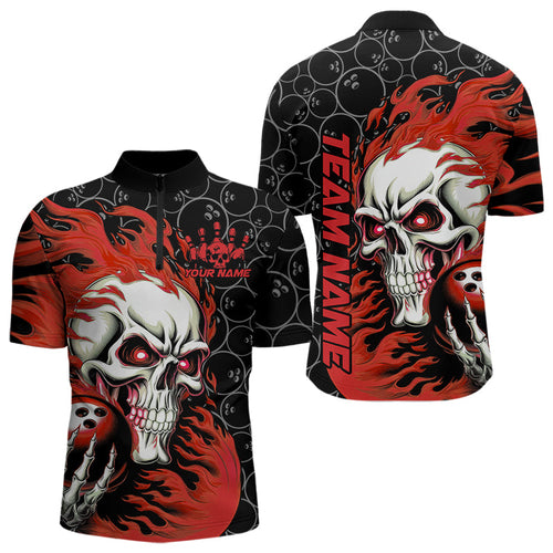 Custom Black And Red Flame Skull Bowling Men Quarter-Zip Shirts, Skull Halloween Bowling Outfit IPHW8777