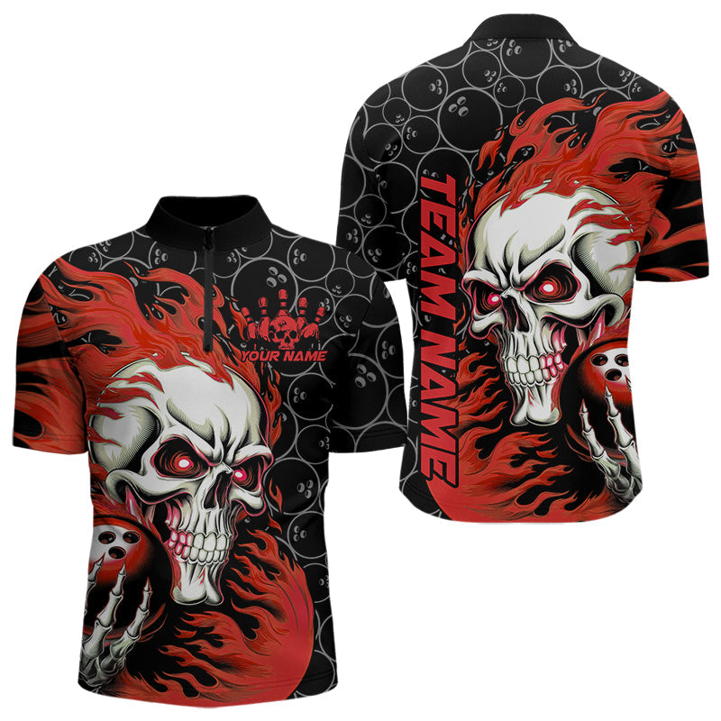 Custom Black And Red Flame Skull Bowling Men Quarter-Zip Shirts, Skull Halloween Bowling Outfit IPHW8777