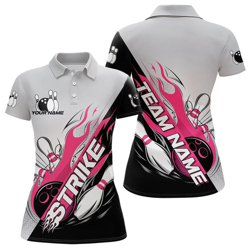 Custom Pink Flame Strike Bowling Women Polo Shirts, Team Uniform Bowling League Shirt IPHW8778