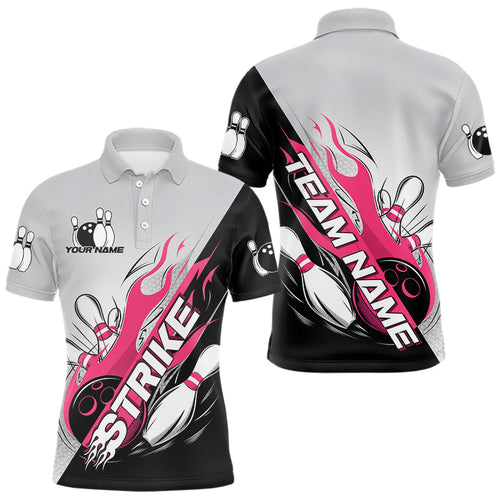 Custom Pink Flame Strike Bowling Men Polo Shirts, Bowling Team Uniform Bowling League Shirt IPHW8778
