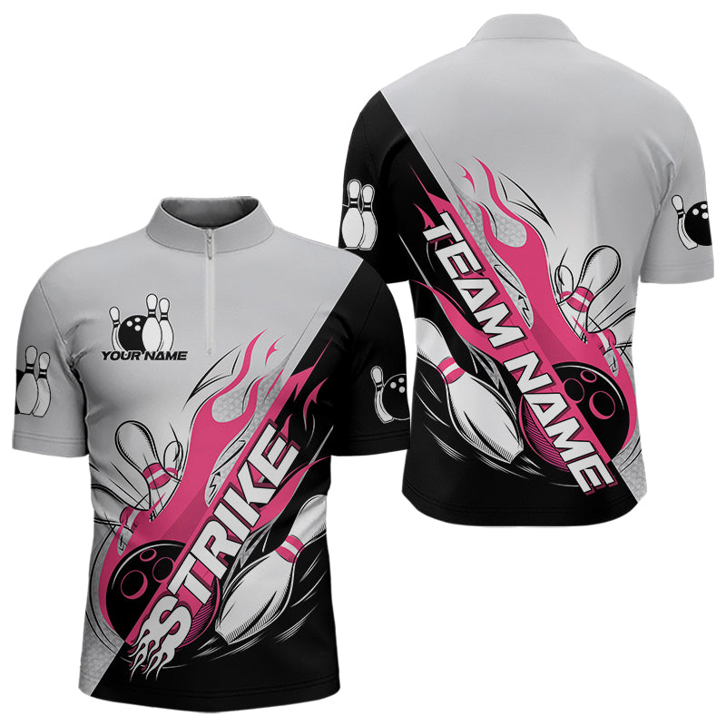 Custom Pink Flame Strike Bowling Men Quarter-Zip Shirts, Bowling Team Uniform Bowling League Shirt IPHW8778