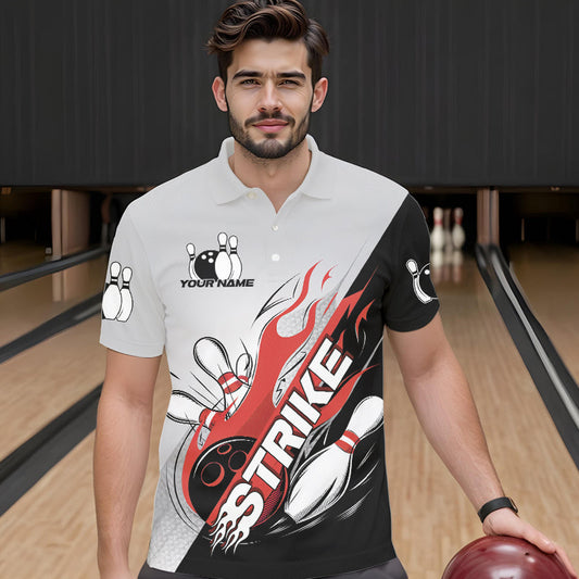 Custom Red Flame Strike Bowling Men Polo Shirts, Bowling Team Uniform Bowling League Shirt IPHW8780