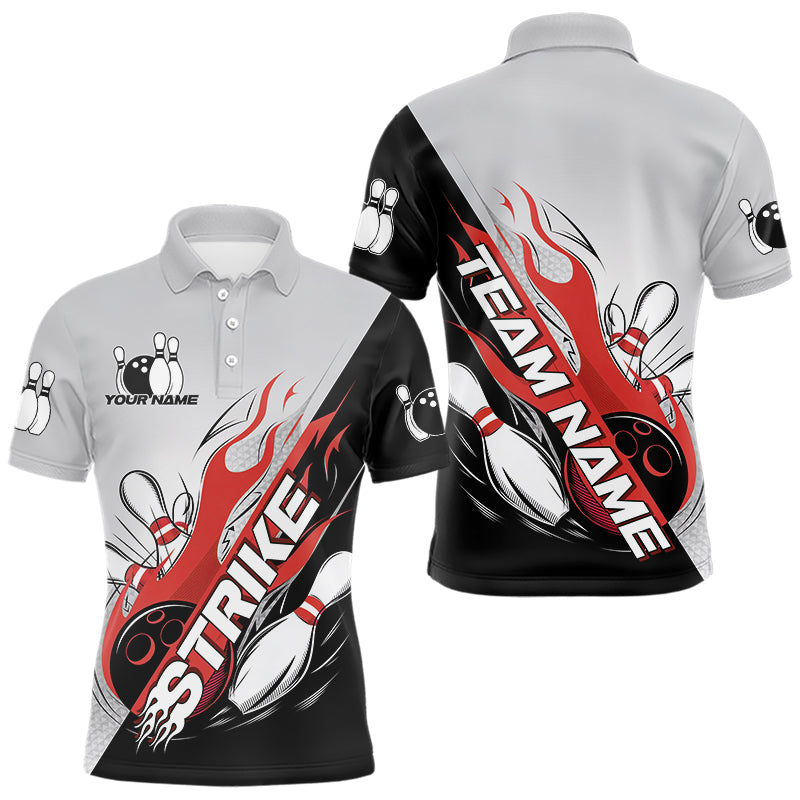 Custom Red Flame Strike Bowling Men Polo Shirts, Bowling Team Uniform Bowling League Shirt IPHW8780