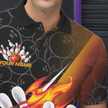 Load image into Gallery viewer, Custom Black And Red Orange Flame Strike Bowling Men Polo Shirts, Bowling Ball Pattern Shirt IPHW8781