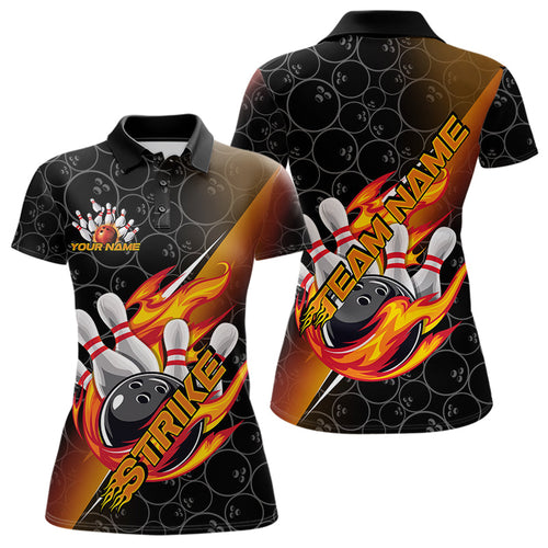 Custom Black And Red Flame Strike Bowling Women Polo Shirts, Bowling Ball Pattern Shirt IPHW8781