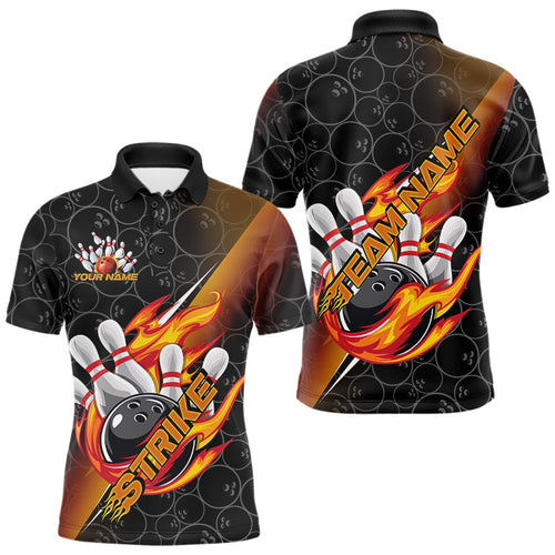 Custom Black And Red Orange Flame Strike Bowling Men Polo Shirts, Bowling Ball Pattern Shirt IPHW8781