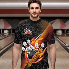 Load image into Gallery viewer, Custom Black And Red Orange Flame Strike Bowling Men Quarter-Zip Shirts, Bowling Ball Pattern Shirt IPHW8781