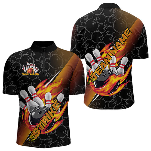 Custom Black And Red Orange Flame Strike Bowling Men Quarter-Zip Shirts, Bowling Ball Pattern Shirt IPHW8781