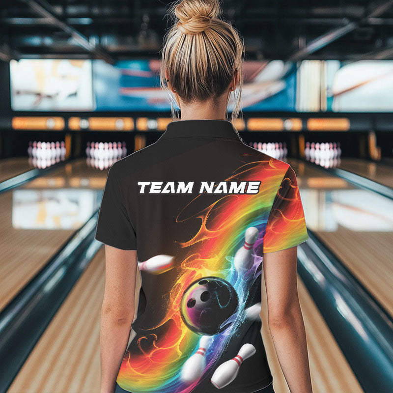 Custom Colorful Rainbow Flame Bowling Team Polo Shirts For Women, Bowling Tournament Outfit IPHW8783