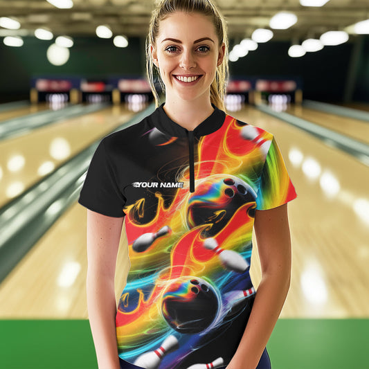Custom Rainbow Flame Bowling Team Women Quarter-Zip Shirts, Colorful Bowling League Shirt IPHW8786