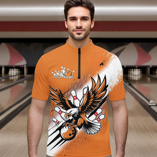 Custom Orange Eagle Bowling Jerseys, Eagle Bowling Men Quarter-Zip Shirts Team Bowlers Uniform IPHW8787