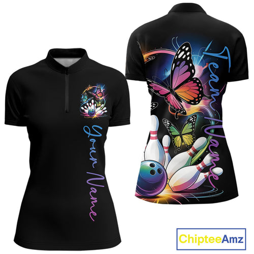 Custom Colorful Butterfly Bowling Women Quarter-Zip Shirt With Team Name, Bowling Uniform IPHW9013