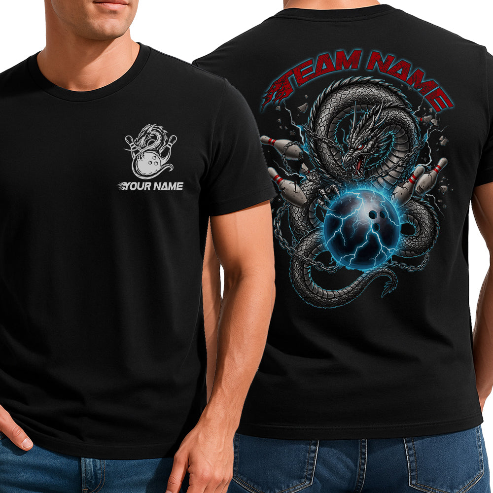 Custom Blue And Red Lightning Dragon Bowling T-Shirts For Men, Bold Team Outfit IPHW9060