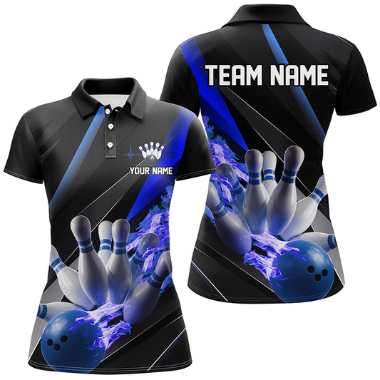 Personalized Blue Flame Bowling Shirts For Women, Bowling Tournament Shirts Bowlers Outfits IPHW6739