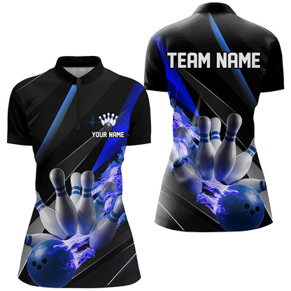 Personalized Blue Flame Bowling Shirts For Women, Bowling Tournament Shirts Bowlers Outfits IPHW6739