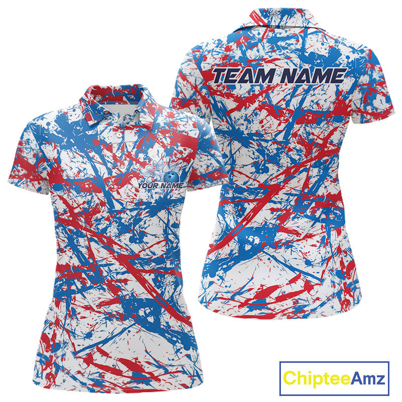 Custom Red, White And Blue Splatter Patriotic Bowling Polo Team Shirts For Women IPHW9263