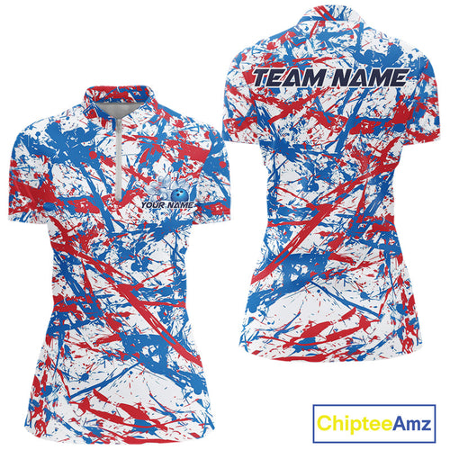Custom Red, White And Blue Splatter Patriotic Bowling Quarter-Zip Team Shirts For Women IPHW9263