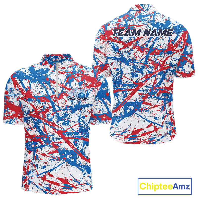 Custom Red, White And Blue Splatter Patriotic Bowling Quarter-Zip Team Shirts For Men IPHW9263