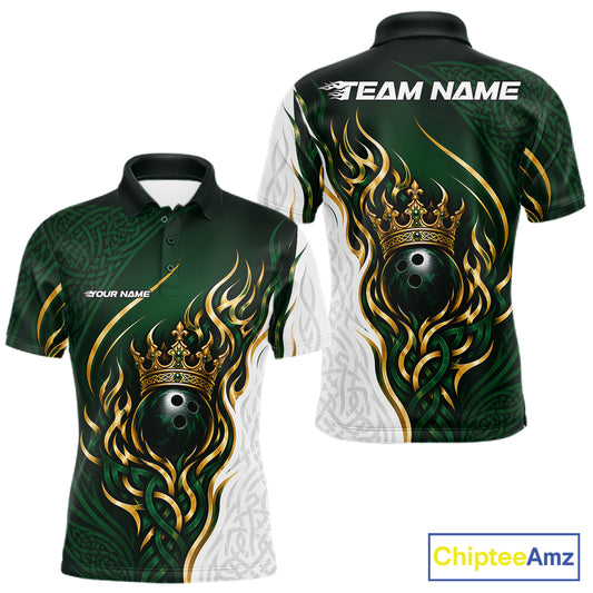 Custom White And Green Irish Tribal Pattern Bowling Ball With Crown Men Polo Team Shirt IPHW11697