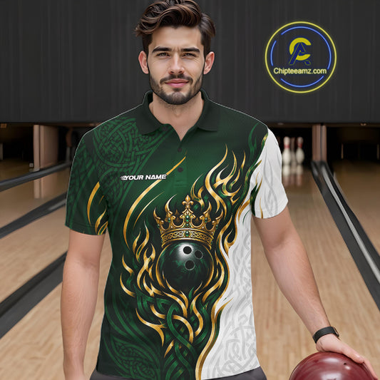 Custom White And Green Irish Tribal Pattern Bowling Ball With Crown Men Polo Team Shirt IPHW11697