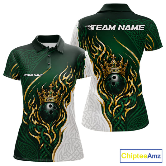 Custom White And Green Irish Tribal Pattern Bowling Ball With Crown Women Polo Team Shirt IPHW11697