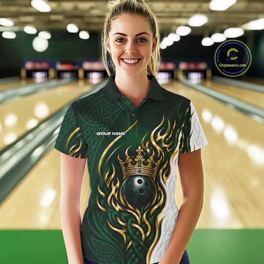 Custom White And Green Irish Tribal Pattern Bowling Ball With Crown Women Polo Team Shirt IPHW11697