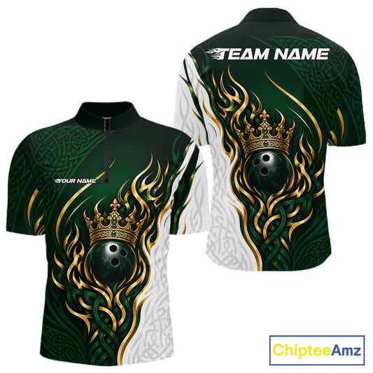Custom White And Green Irish Tribal Pattern Bowling Ball With Crown Men Quarter Zip Team Shirt IPHW11697