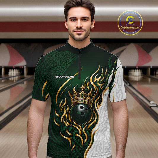 Custom White And Green Irish Tribal Pattern Bowling Ball With Crown Men Quarter Zip Team Shirt IPHW11697