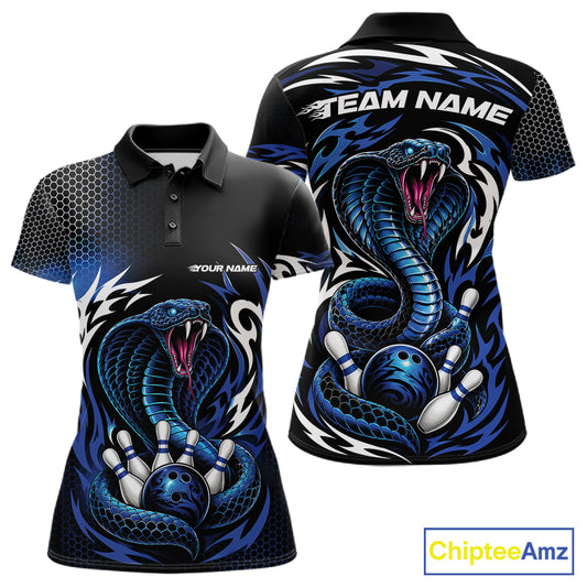 Custom Black And Blue Tribal Cobra Snake Bowling Jerseys Bowling Women Polo Shirt IPHW11711