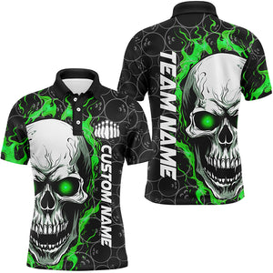 Custom Flaming Skull Team Bowling Shirts For Men, Halloween Bowling Jerseys | Green IPHW5180