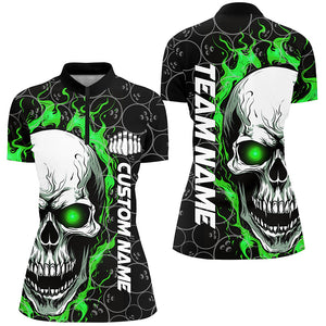 Custom Flaming Skull Team Bowling Shirts For Women, Halloween Bowling Jerseys | Green IPHW5180