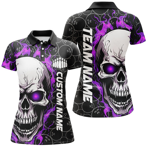 Custom Flaming Skull Team Bowling Shirts For Women, Halloween Bowling Jerseys | Purple IPHW5181