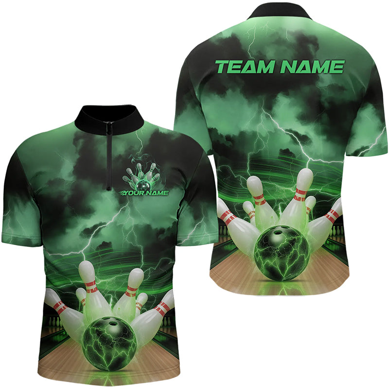 Green Thunder Lightning Custom Bowling Quarter-Zip Shirts For Men, Bowling League Shirt Outfits IPHW8058