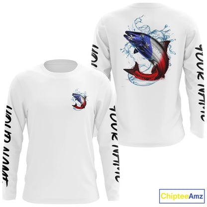 Personalized American Flag Chinook Salmon Fishing Shirts, Patriotic Salmon Long Sleeve Fishing Shirt IPHW6273