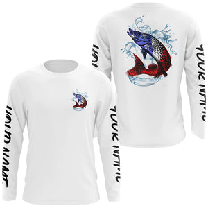 Personalized American Flag Northern Pike Fishing Shirts, Patriotic Pike Long Sleeve Fishing Shirts IPHW6275