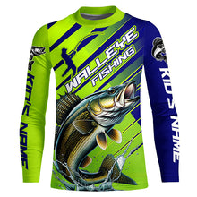 Load image into Gallery viewer, Walleye Fishing Custom Long Sleeve Tournament Shirts, Green And Blue Walleye Fishing Jerseys IPHW6279