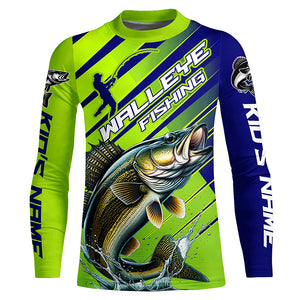 Walleye Fishing Custom Long Sleeve Tournament Shirts, Green And Blue Walleye Fishing Jerseys IPHW6279