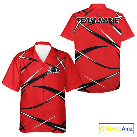 Front and back button-up bowling shirt mockup with a custom name and vibrant red, black, and white jersey pattern

