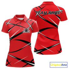 Load image into Gallery viewer, Front and back view of a women s bowling polo shirt mockup featuring a red, black, and white athletic jersey pattern