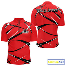 Load image into Gallery viewer, Front and back mockup of a men's quarter zip bowling shirt in red, black, and white with a custom name.
