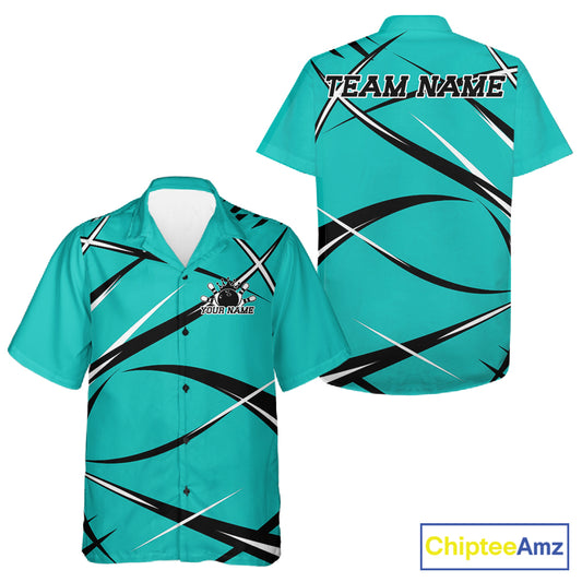 Button-up bowling shirt mockup displaying front and back views with a personalized name and turquoise blue jersey-inspired pattern
