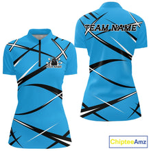 Load image into Gallery viewer, Front and back view of a women's bowling quarter-zip shirt mockup featuring a blue, black, and white athletic bowling jersey design