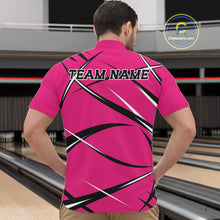 Load image into Gallery viewer, Front view of a male bowler in a bowling alley wearing a pink, black, and white bowling quarter zip shirt with an athletic jersey pattern