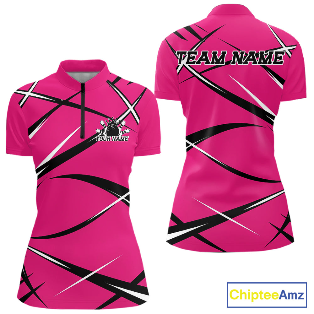 Front and back mockup of a women's quarter zip bowling shirt in pink, black, and white with a custom name.
