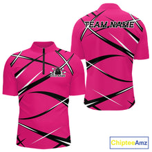 Load image into Gallery viewer, Men's bowling quarter-zip shirt mockup featuring front and back views, personalized name, and pink, black, and white jersey design
